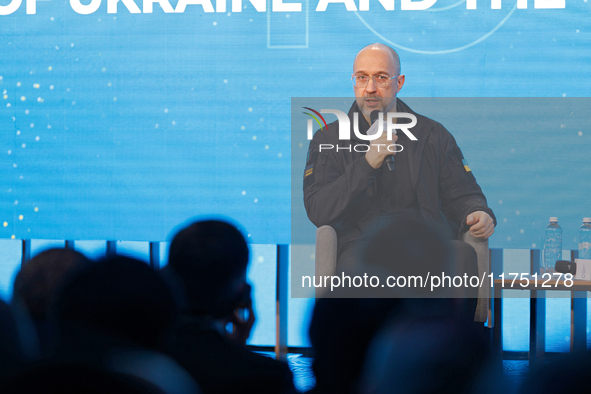 Prime Minister of Ukraine Denys Shmyhal attends the ''Ukraine and Europe: Toward a Common Future'' panel at the Kyiv International Economic...