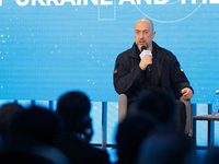 Prime Minister of Ukraine Denys Shmyhal attends the ''Ukraine and Europe: Toward a Common Future'' panel at the Kyiv International Economic...