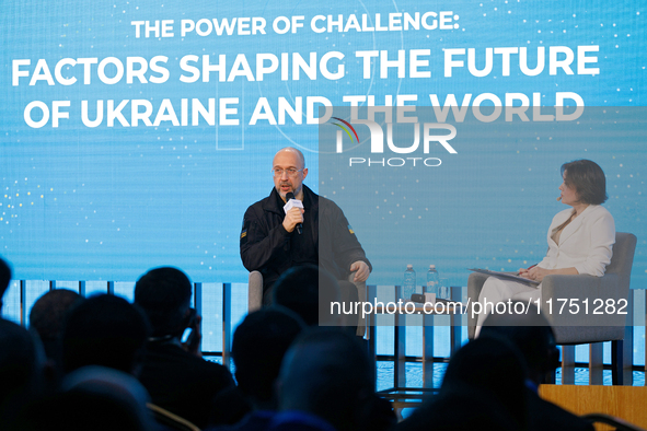 Prime Minister of Ukraine Denys Shmyhal and presenter at TSN and 1+1 Marathon Marichka Padalko attend the ''Ukraine and Europe: Toward a Com...