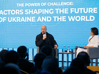 Prime Minister of Ukraine Denys Shmyhal and presenter at TSN and 1+1 Marathon Marichka Padalko attend the ''Ukraine and Europe: Toward a Com...