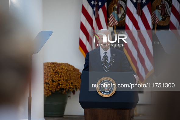 President Joe Biden addresses senior staff and the nation on the results of the 2024 presidential election in the White House rose garden in...