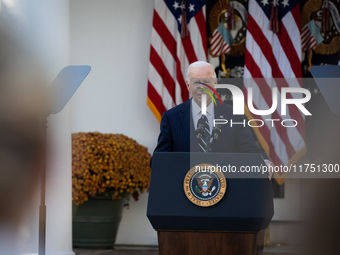 President Joe Biden addresses senior staff and the nation on the results of the 2024 presidential election in the White House rose garden in...