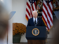 President Joe Biden addresses senior staff and the nation on the results of the 2024 presidential election in the White House rose garden in...