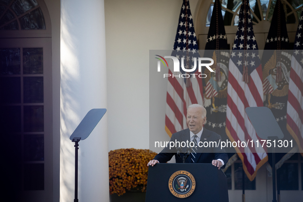 President Joe Biden addresses senior staff and the nation on the results of the 2024 presidential election in the White House rose garden in...