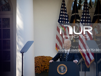 President Joe Biden addresses senior staff and the nation on the results of the 2024 presidential election in the White House rose garden in...