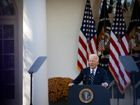 President Joe Biden addresses senior staff and the nation on the results of the 2024 presidential election in the White House rose garden in...