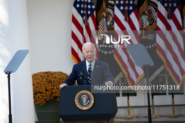 President Joe Biden blinks while addressing senior staff and the nation on the results of the 2024 presidential election in the White House...