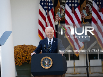 President Joe Biden blinks while addressing senior staff and the nation on the results of the 2024 presidential election in the White House...