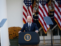 President Joe Biden blinks while addressing senior staff and the nation on the results of the 2024 presidential election in the White House...