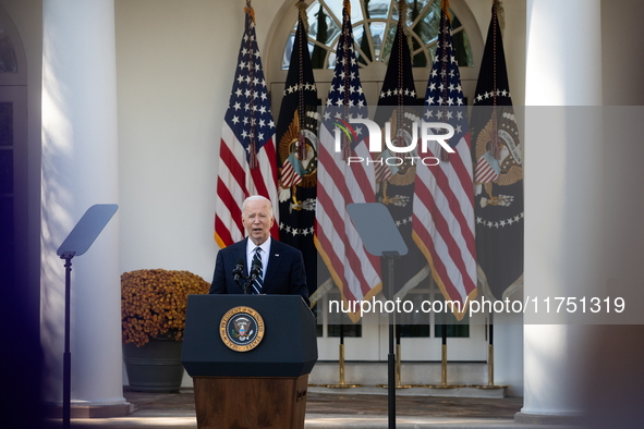 President Joe Biden addresses senior staff and the nation on the results of the 2024 presidential election in the White House rose garden in...