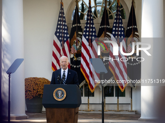 President Joe Biden addresses senior staff and the nation on the results of the 2024 presidential election in the White House rose garden in...