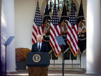 President Joe Biden addresses senior staff and the nation on the results of the 2024 presidential election in the White House rose garden in...