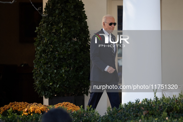 President Joe Biden walks out of the oval office to address senior staff and the nation on the results of the 2024 presidential election in...