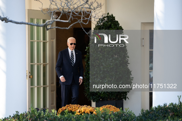 President Joe Biden walks out of the oval office to address senior staff and the nation on the results of the 2024 presidential election in...