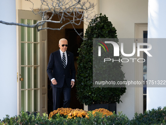 President Joe Biden walks out of the oval office to address senior staff and the nation on the results of the 2024 presidential election in...