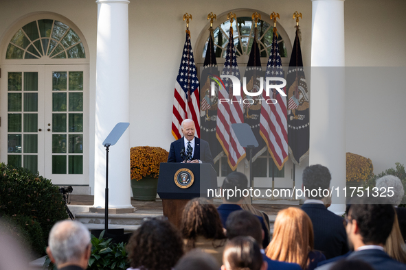 President Joe Biden addresses senior staff and the nation on the results of the 2024 presidential election in the White House rose garden in...