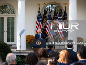 President Joe Biden addresses senior staff and the nation on the results of the 2024 presidential election in the White House rose garden in...