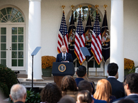 President Joe Biden addresses senior staff and the nation on the results of the 2024 presidential election in the White House rose garden in...