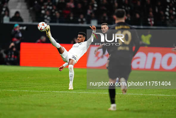 Ansgar Knauff of Eintracht Frankfurt  controls the ball during the Eurepa League Round 4 match between Eintracht Frankfurt v SK Slavia Pragu...