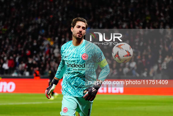 Kevin Trapp of Eintracht Frankfurt  controls the ball during the Eurepa League Round 4 match between Eintracht Frankfurt v SK Slavia Prague...