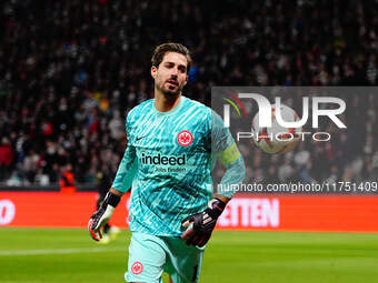 Kevin Trapp of Eintracht Frankfurt  controls the ball during the Eurepa League Round 4 match between Eintracht Frankfurt v SK Slavia Prague...