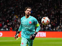 Kevin Trapp of Eintracht Frankfurt  controls the ball during the Eurepa League Round 4 match between Eintracht Frankfurt v SK Slavia Prague...