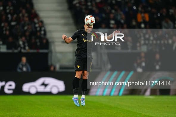 Tomas Holes of SK Slavia Prague  heads during the Eurepa League Round 4 match between Eintracht Frankfurt v SK Slavia Prague at the Deutsche...