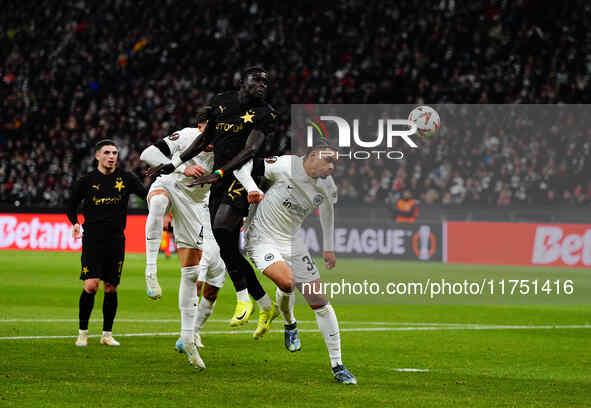 El Hadji Malick Diouf of SK Slavia Prague  heads during the Eurepa League Round 4 match between Eintracht Frankfurt v SK Slavia Prague at th...