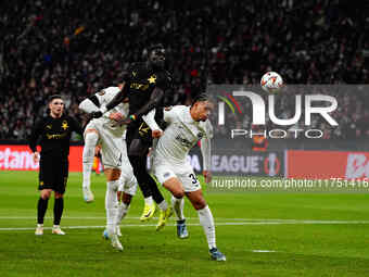 El Hadji Malick Diouf of SK Slavia Prague  heads during the Eurepa League Round 4 match between Eintracht Frankfurt v SK Slavia Prague at th...