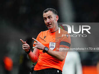 Chris Kavanagh, Referee from England,  gestures during the Eurepa League Round 4 match between Eintracht Frankfurt v SK Slavia Prague at the...