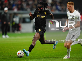 Igoh Ogbu of SK Slavia Prague  controls the ball during the Eurepa League Round 4 match between Eintracht Frankfurt v SK Slavia Prague at th...