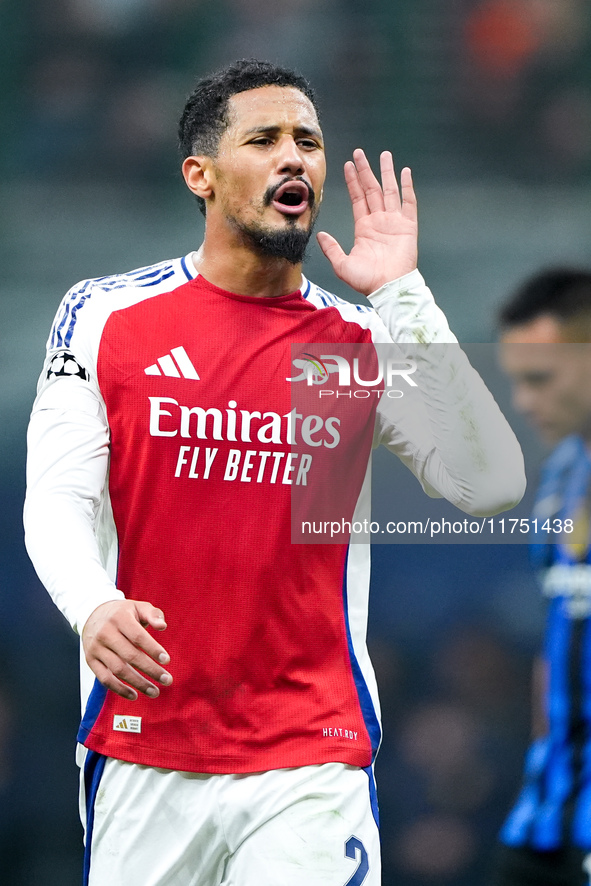 William Saliba of Arsenal yells during the UEFA Champions League 2024/25 League Phase MD4 match between FC Internazionale and Arsenal at Sta...