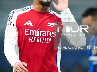 William Saliba of Arsenal yells during the UEFA Champions League 2024/25 League Phase MD4 match between FC Internazionale and Arsenal at Sta...