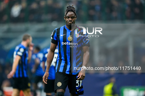 Yann Aurel Bisseck of FC Internazionale reacts during the UEFA Champions League 2024/25 League Phase MD4 match between FC Internazionale and...