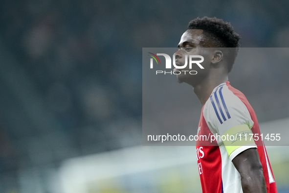 Bukayo Saka of Arsenal looks on during the UEFA Champions League 2024/25 League Phase MD4 match between FC Internazionale and Arsenal at Sta...