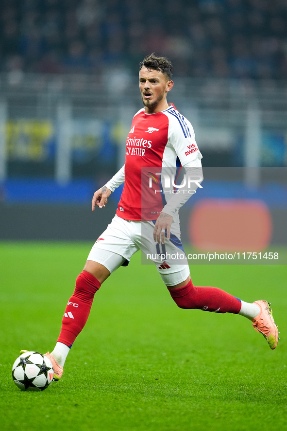 Ben White of Arsenal during the UEFA Champions League 2024/25 League Phase MD4 match between FC Internazionale and Arsenal at Stadio San Sir...