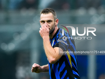 Stefan de Vrij of FC Internazionale reacts during the UEFA Champions League 2024/25 League Phase MD4 match between FC Internazionale and Ars...