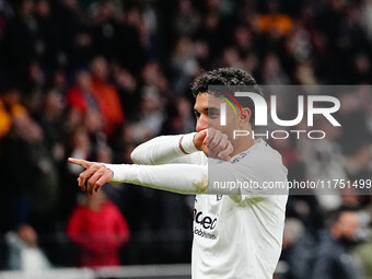 Omar Marmoush of Eintracht Frankfurt  celebrates the teams first goal during the Eurepa League Round 4 match between Eintracht Frankfurt v S...