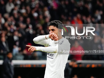 Omar Marmoush of Eintracht Frankfurt  celebrates the teams first goal during the Eurepa League Round 4 match between Eintracht Frankfurt v S...