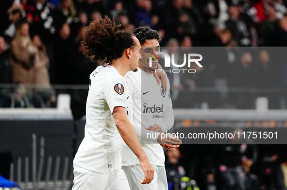 Omar Marmoush of Eintracht Frankfurt  celebrates the teams first goal during the Eurepa League Round 4 match between Eintracht Frankfurt v S...