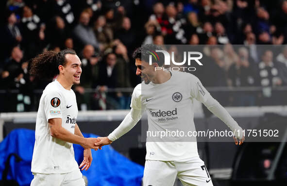 Omar Marmoush of Eintracht Frankfurt  celebrates the teams first goal during the Eurepa League Round 4 match between Eintracht Frankfurt v S...