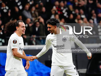 Omar Marmoush of Eintracht Frankfurt  celebrates the teams first goal during the Eurepa League Round 4 match between Eintracht Frankfurt v S...