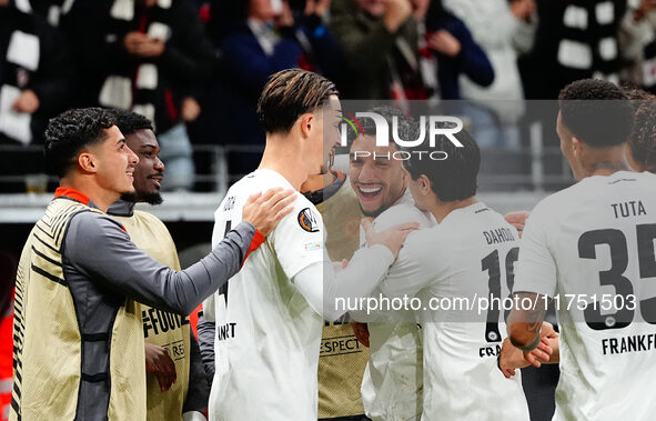 Omar Marmoush of Eintracht Frankfurt  celebrates the teams first goal during the Eurepa League Round 4 match between Eintracht Frankfurt v S...