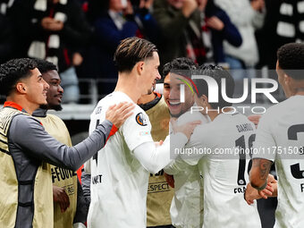 Omar Marmoush of Eintracht Frankfurt  celebrates the teams first goal during the Eurepa League Round 4 match between Eintracht Frankfurt v S...