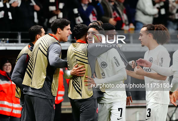 Omar Marmoush of Eintracht Frankfurt  celebrates the teams first goal during the Eurepa League Round 4 match between Eintracht Frankfurt v S...