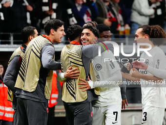 Omar Marmoush of Eintracht Frankfurt  celebrates the teams first goal during the Eurepa League Round 4 match between Eintracht Frankfurt v S...