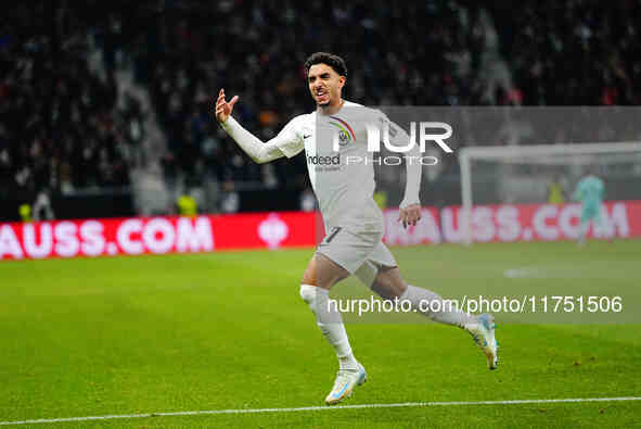 Omar Marmoush of Eintracht Frankfurt  celebrates the teams first goal during the Eurepa League Round 4 match between Eintracht Frankfurt v S...