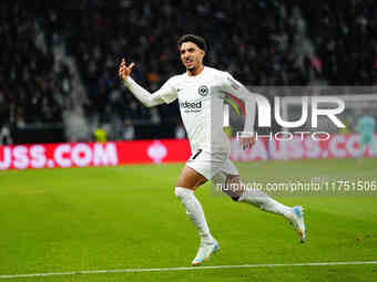 Omar Marmoush of Eintracht Frankfurt  celebrates the teams first goal during the Eurepa League Round 4 match between Eintracht Frankfurt v S...