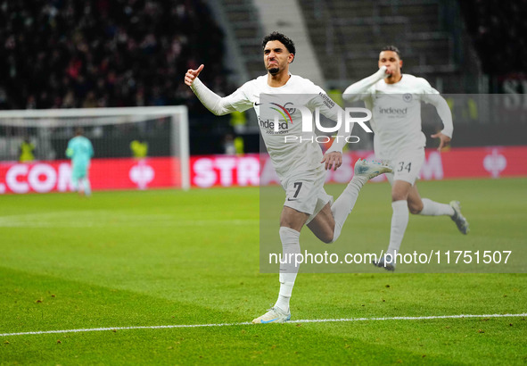 Omar Marmoush of Eintracht Frankfurt  celebrates the teams first goal during the Eurepa League Round 4 match between Eintracht Frankfurt v S...