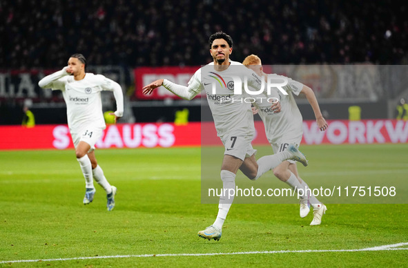 Omar Marmoush of Eintracht Frankfurt  celebrates the teams first goal during the Eurepa League Round 4 match between Eintracht Frankfurt v S...